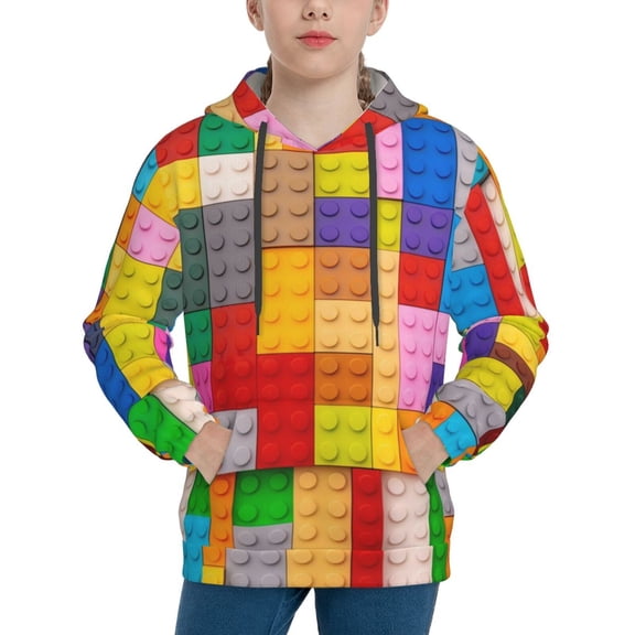 Rateoe Colorful Plastic Blocks Pattern Pattern Boys Hoodie, Youth Pullover Hooded Sweatshirt, Kangaroo Pocket Hoodie for Kids-