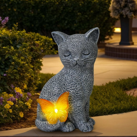 Lnrkai Solar Garden Statue Cat Figurine, Resin Garden Decor with Solar Light, Memorial Cat Gift Outdoor Animal Ornaments for Yard Patio Pathway