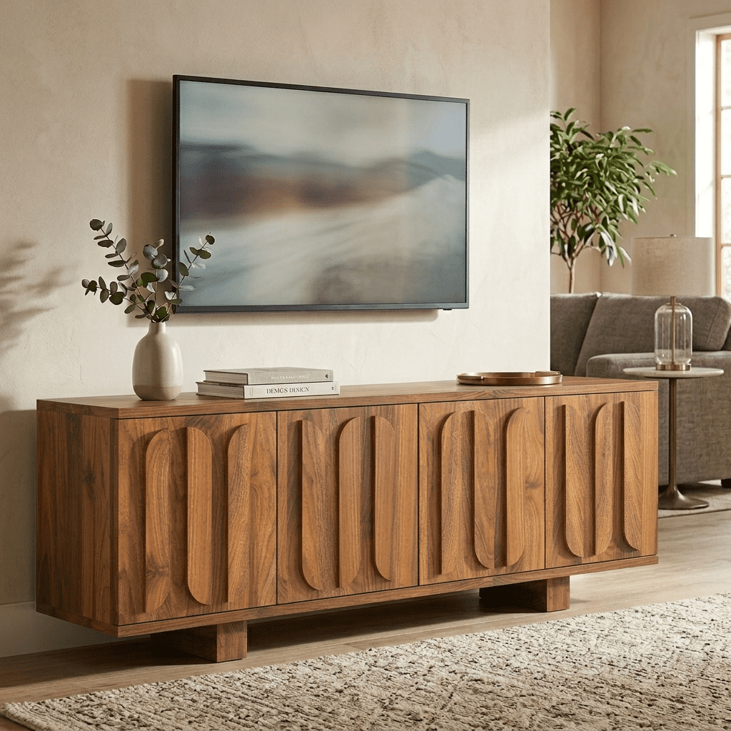 TV Stand 63 Inch Farmhouse for TVs up to 75 Inch, Media Console and Entertainment Center with Adjustable Shelves and Cable Holes, Brown