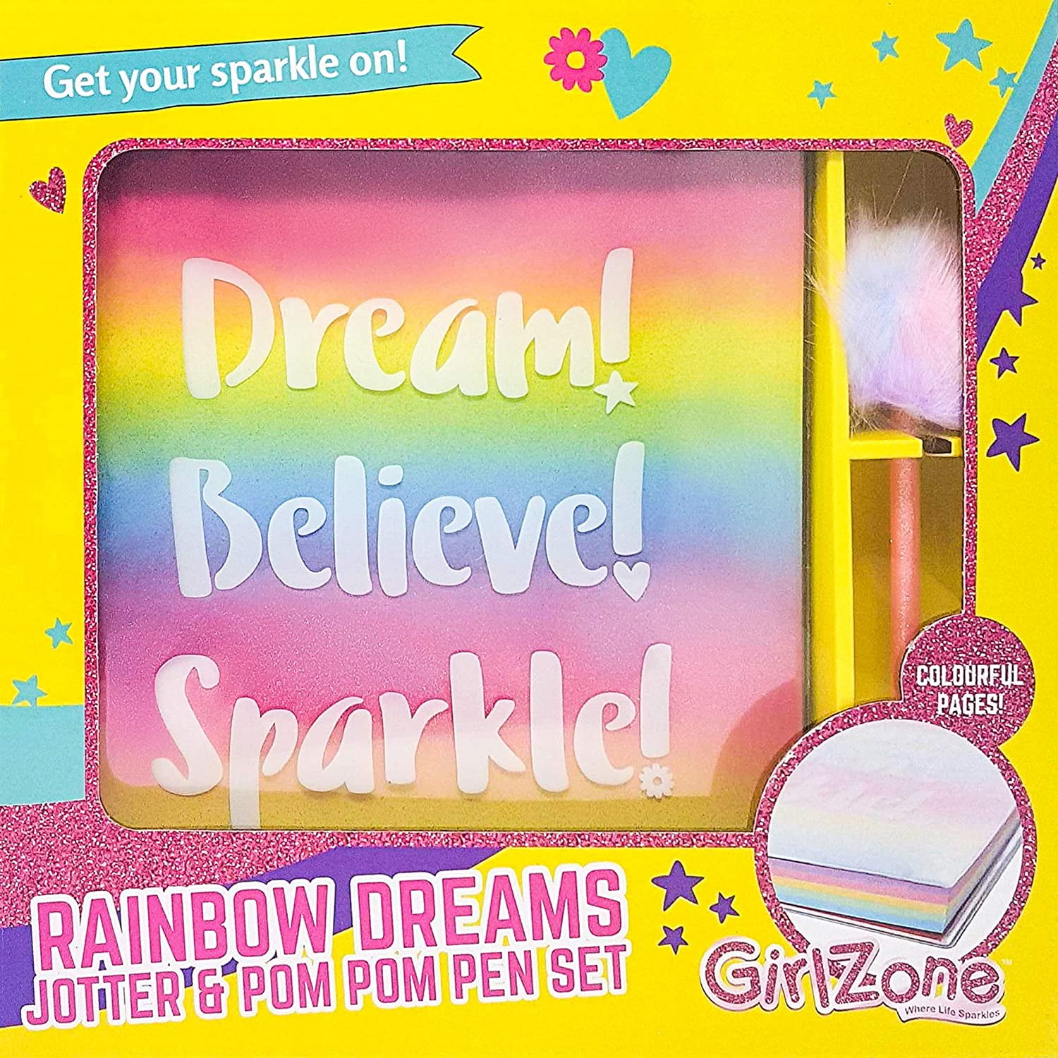 Birthday Gift for Girls GirlZone Glitter Rainbow Notebook and Pom Pom Pen Gift Set for Girls
