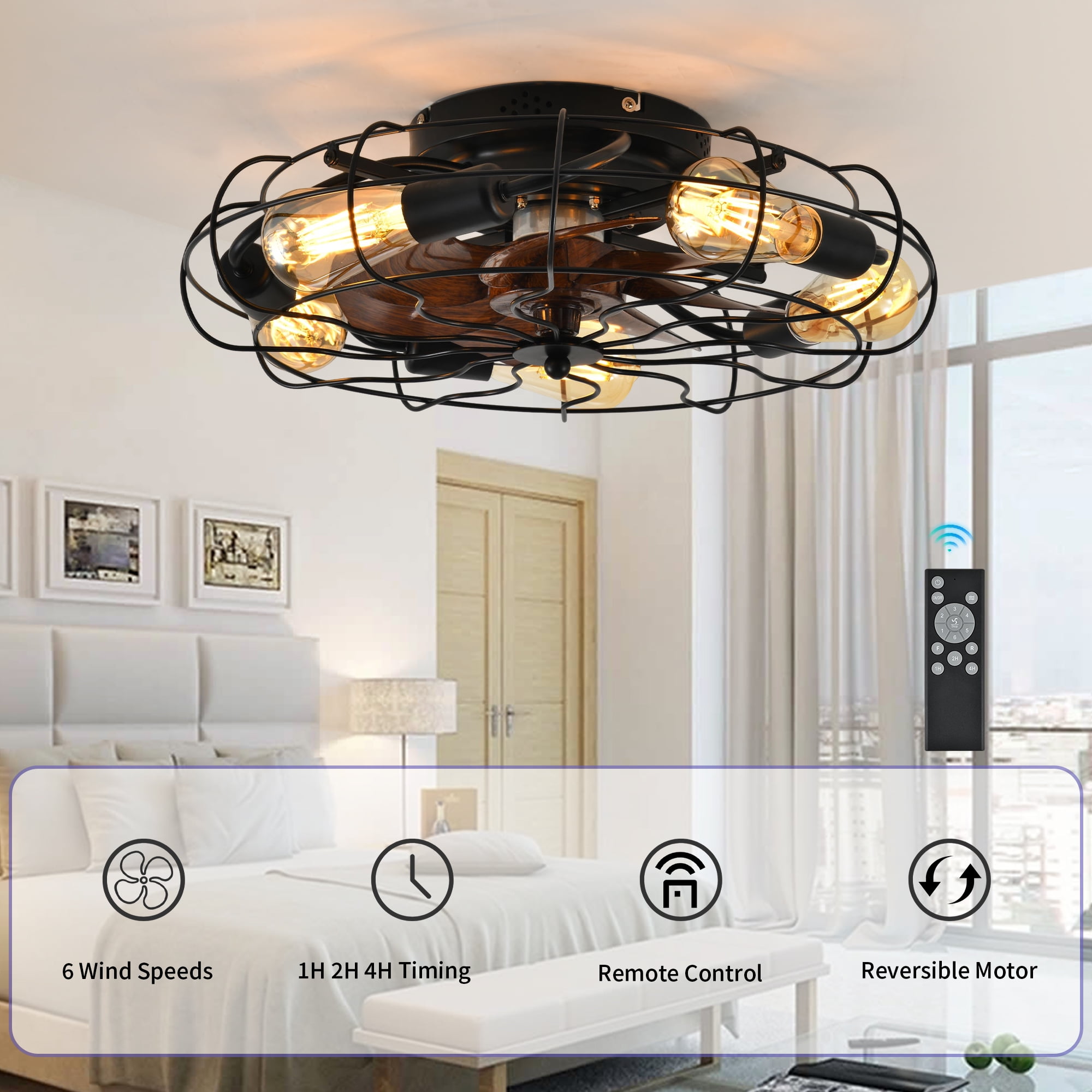 GCGAFUL 19.7 Inch Ceiling Fan with 5 Lights and Remote, Black Low Profile Flush Mount Caged Fan Light, Farmhouse Fan for Bedroom Kitchen