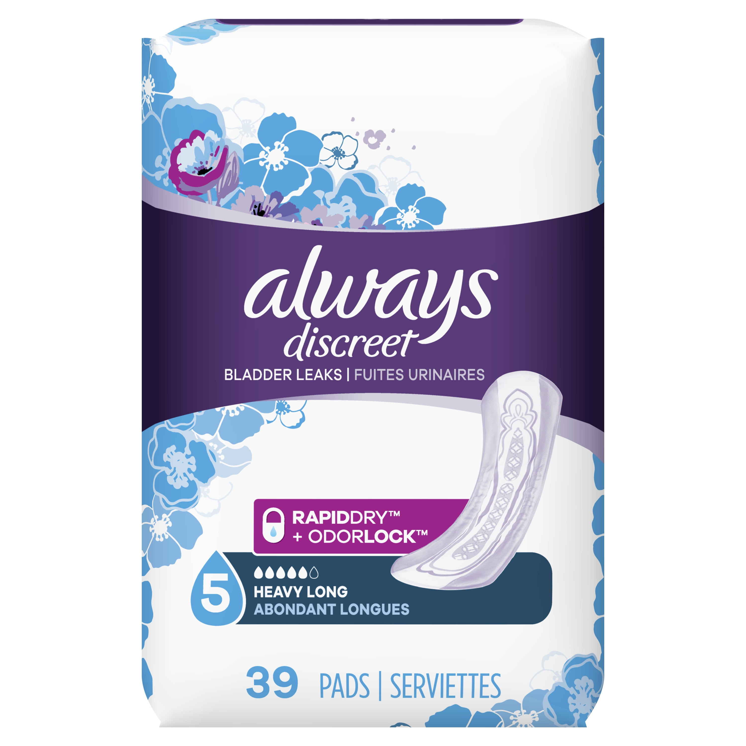 Always Discreet Incontinence Pads, Heavy Absorbency, Long Length, 39 ct