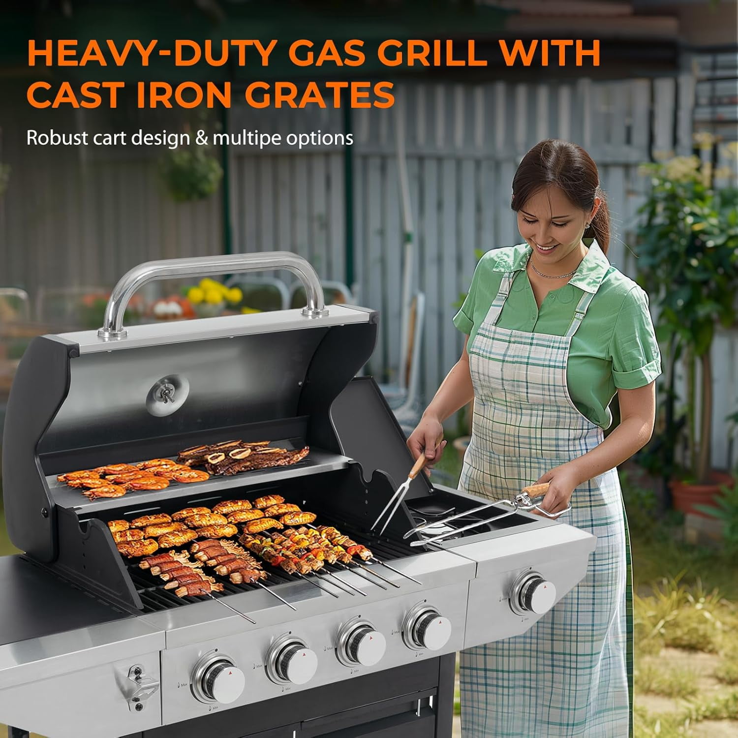 4 Burner Barbecue Grill, Stainless Steel Propane Gas Grill with Side Burner and Thermometer for Outdoor BBQ, Camping, 4 Wheels