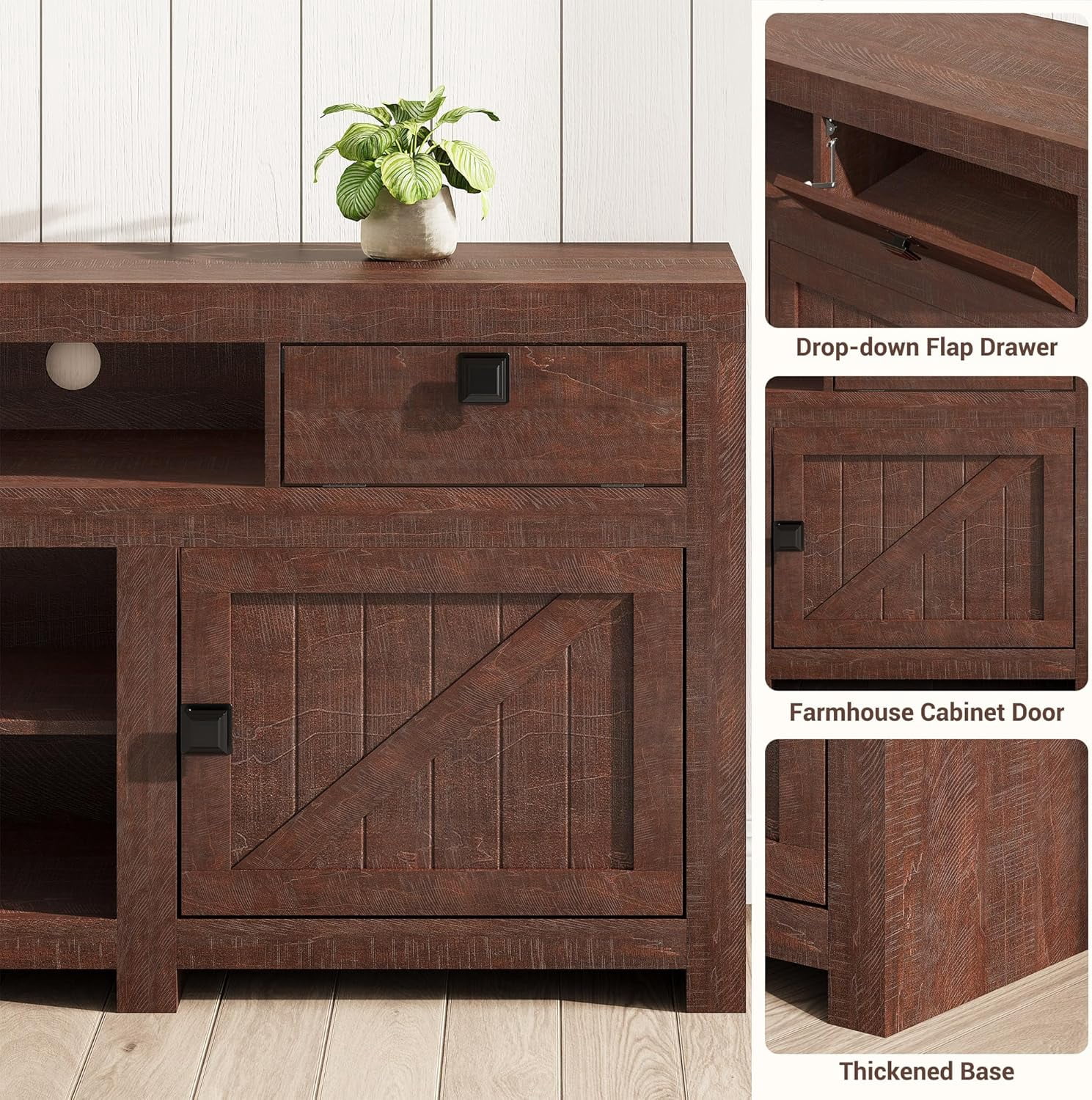 Garvee Farmhouse Wooden TV Stand for 75 Inch TV, 70" Long Entertainment Center with 4 Door and 2 Open Storage Spaces, Rustic TV Stand for Living Room, Bedroom