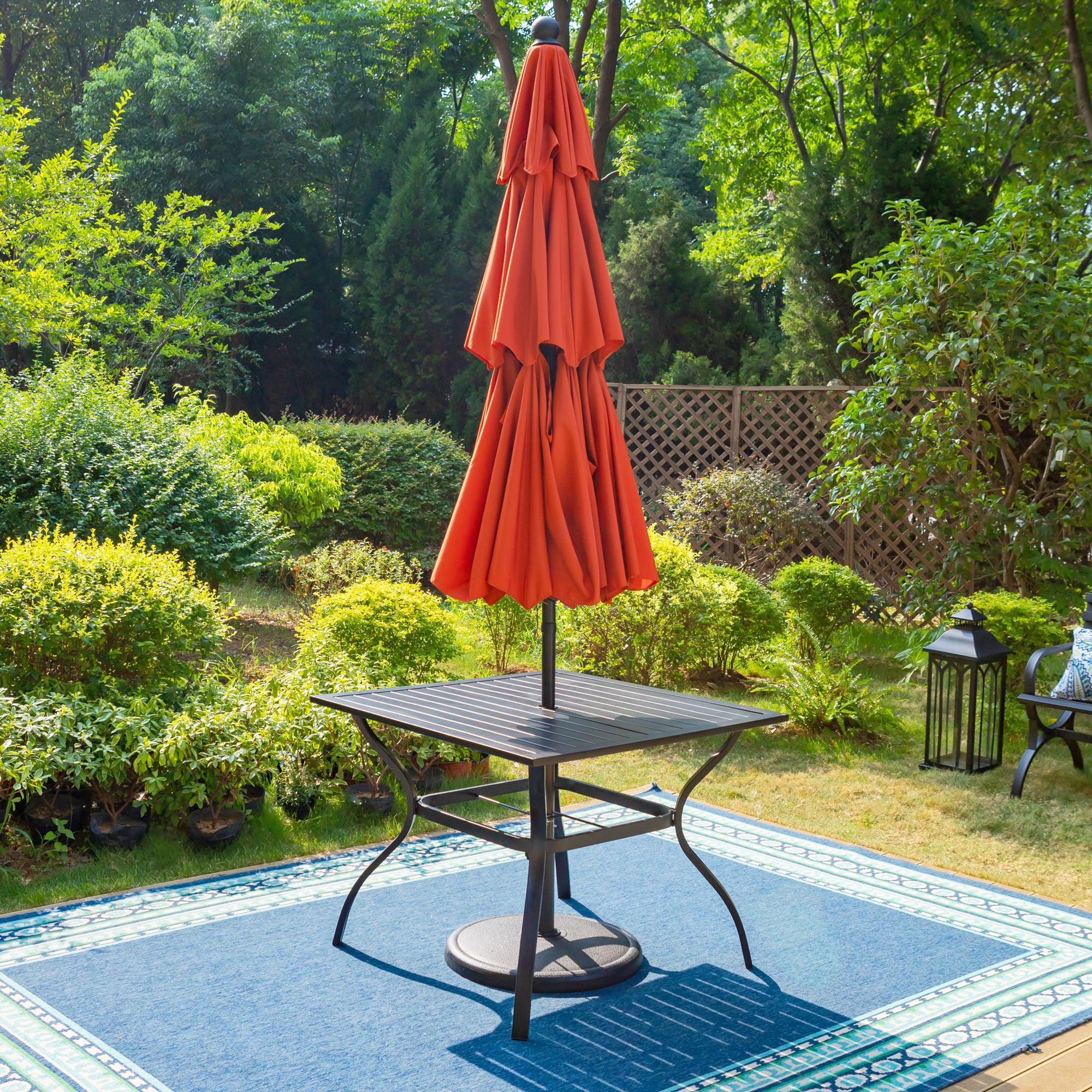 MF Studio 6-Piece Outdoor Patio Dining Set with 10 ft Umbrella , 4 Stacking Chairs &  Square Table, All Weather Metal Steel & Orange Red Umbrella