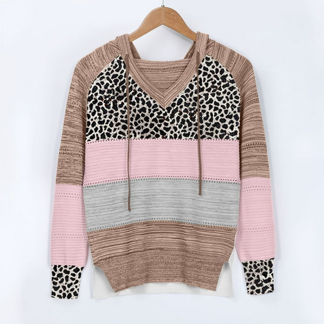 Mode Femmes Léopard Patchwork Col en V Manches Longues Chandail à Capuche Blouse Hauts