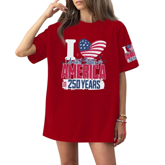 Dweltoz Women's July 4th T Shirts Usa Print Casual Tops Short Sleeve Oversized Freedom Shirt Summer 250 Year Anniversary Usa Solid Color Crewneck Tee,Red 3XL