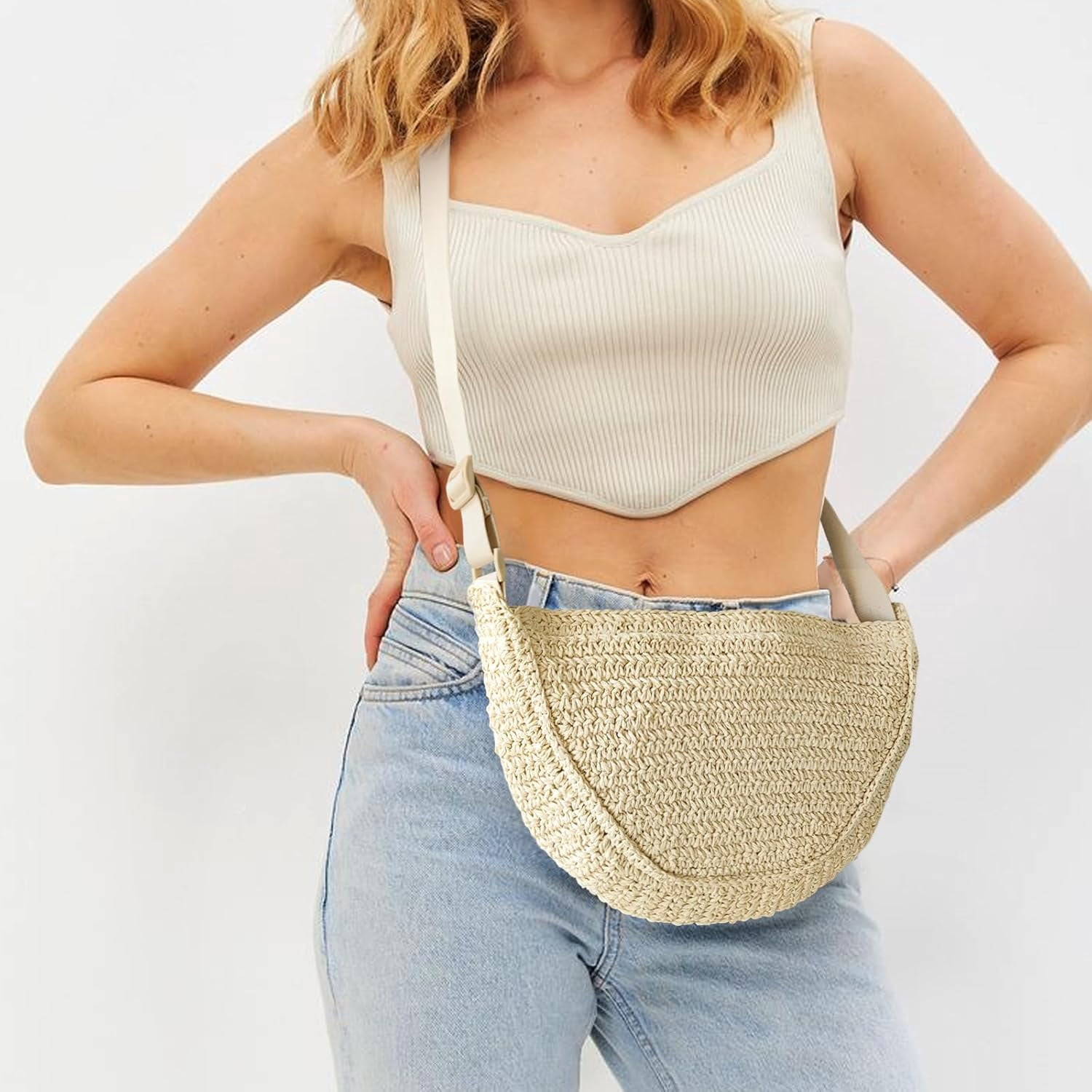 CAILDANL Straw Crossbody Bag for Women Summer Woven Beach Handbag Crescent Shoulder Purses with Adjustable Strap 2025