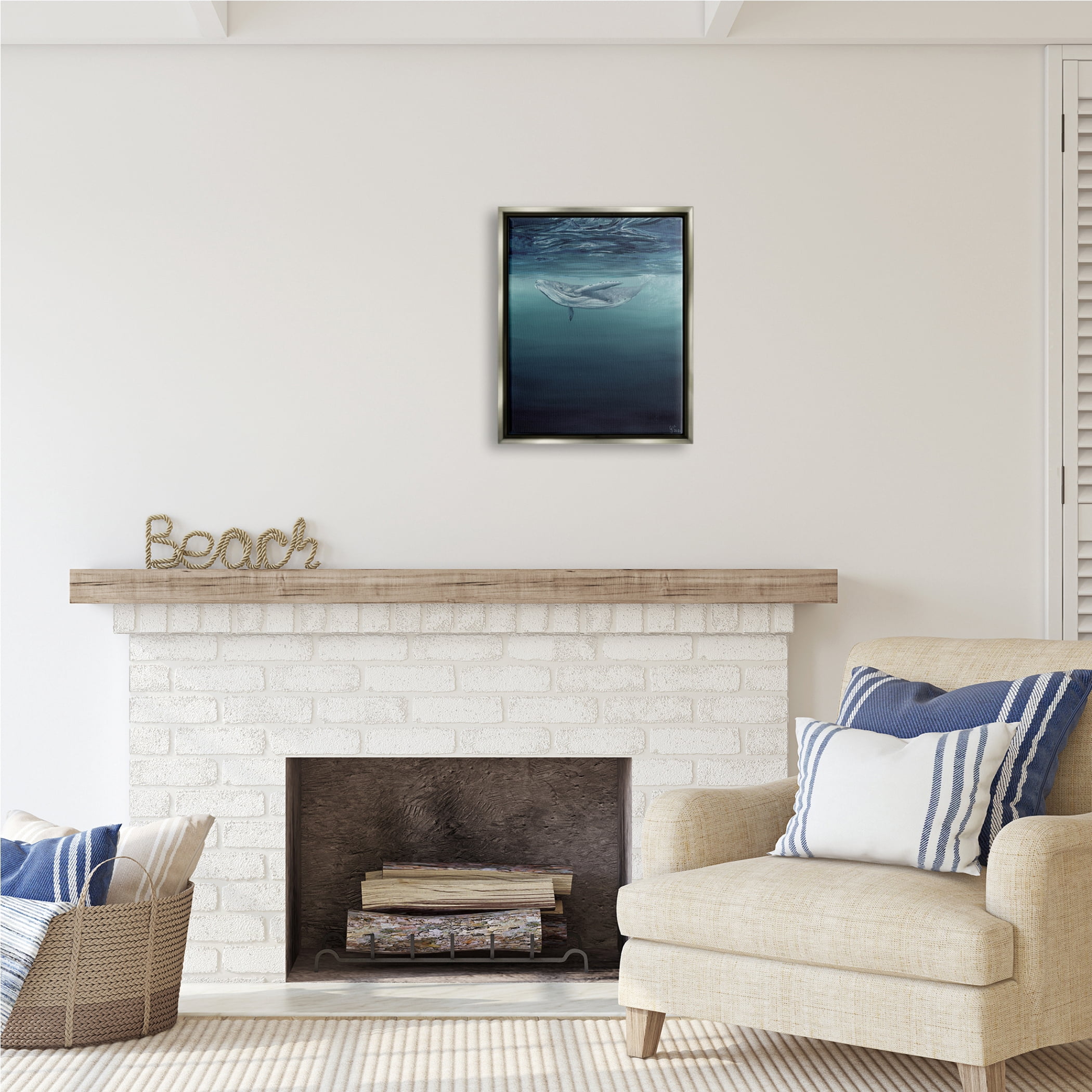 Stupell Industries Whale Swimming Underwater Animals & Insects Painting Gray Floater Framed Art Print Wall Art, 17 x 21