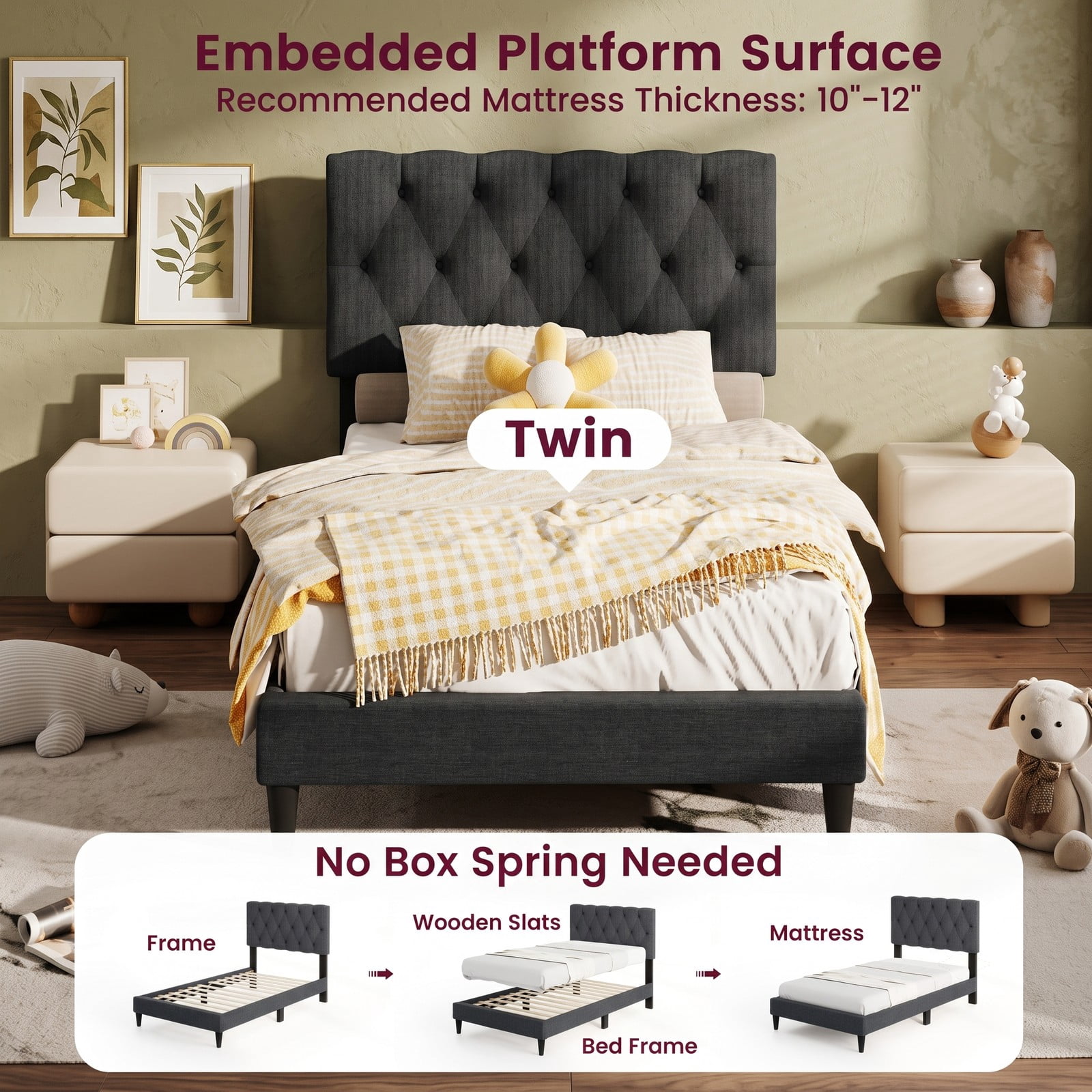 Furnibear Twin Bed Frame, Upholstered Platform Bed Frame with Tufted Wingback Headboard, Twin Bed Frame with Headboard and Slat Support, Gray