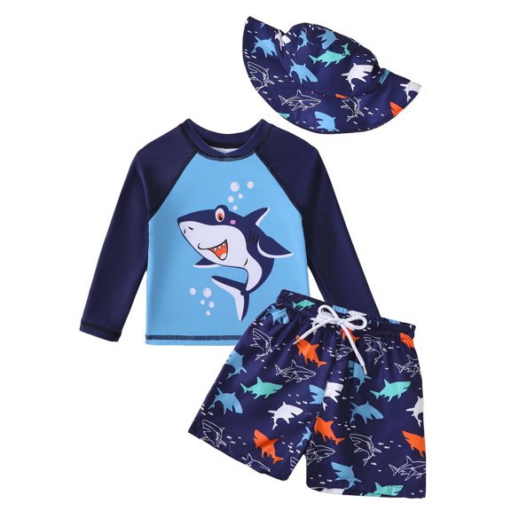 KIMI BEAR 4T Toddler Boys Swimsuit Set 5T Child Swimwear UPF 50 Sun Protection Long Sleeves Sharks Print Top Shorts with Hat 3pcs Bathing Suit Beach Wear Blue