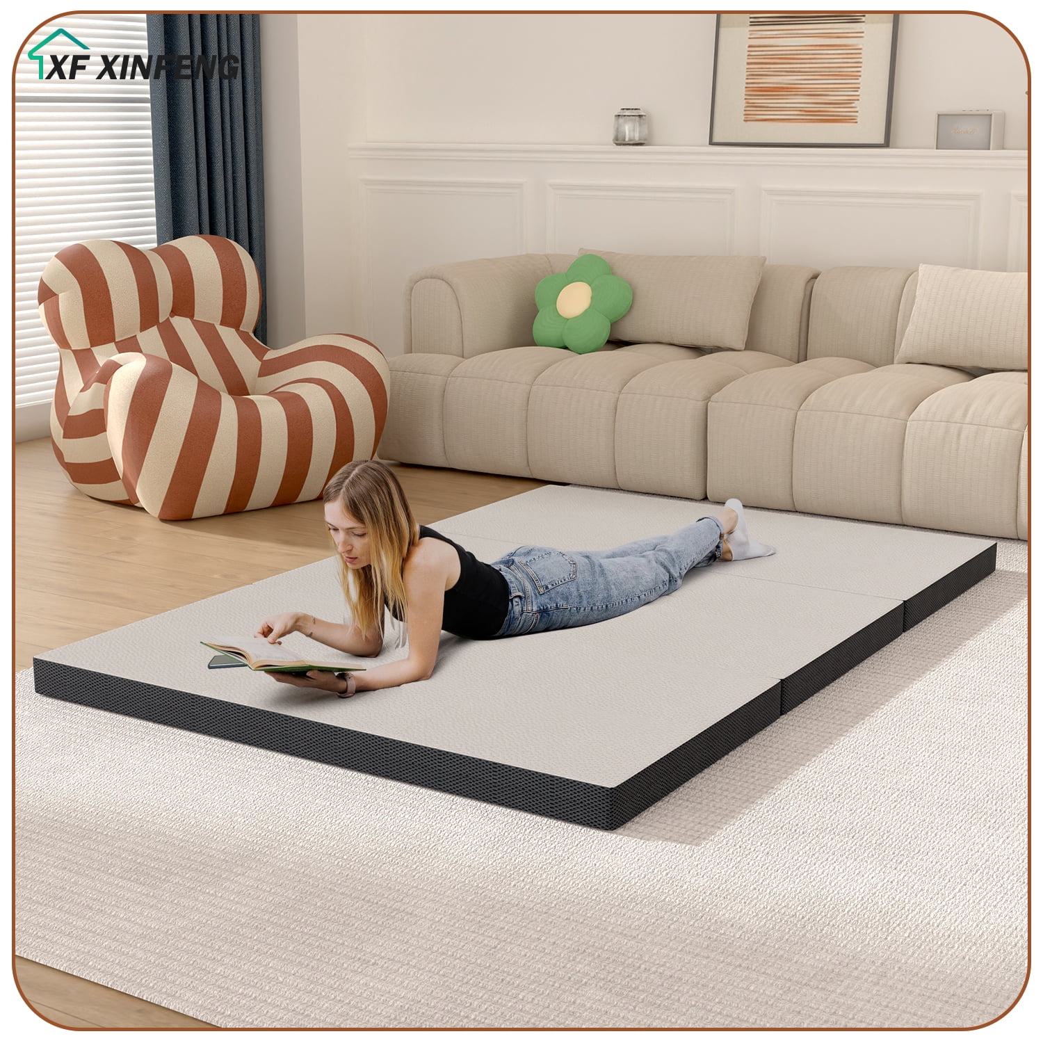 XF XINFENG 3 Inch Tri Fold Memory Foam Full Mattress, Portable Foldable, Medium, Topper with Washable, Cover Non-Slip Bottom for Camping Guest Floor RV, White, Full