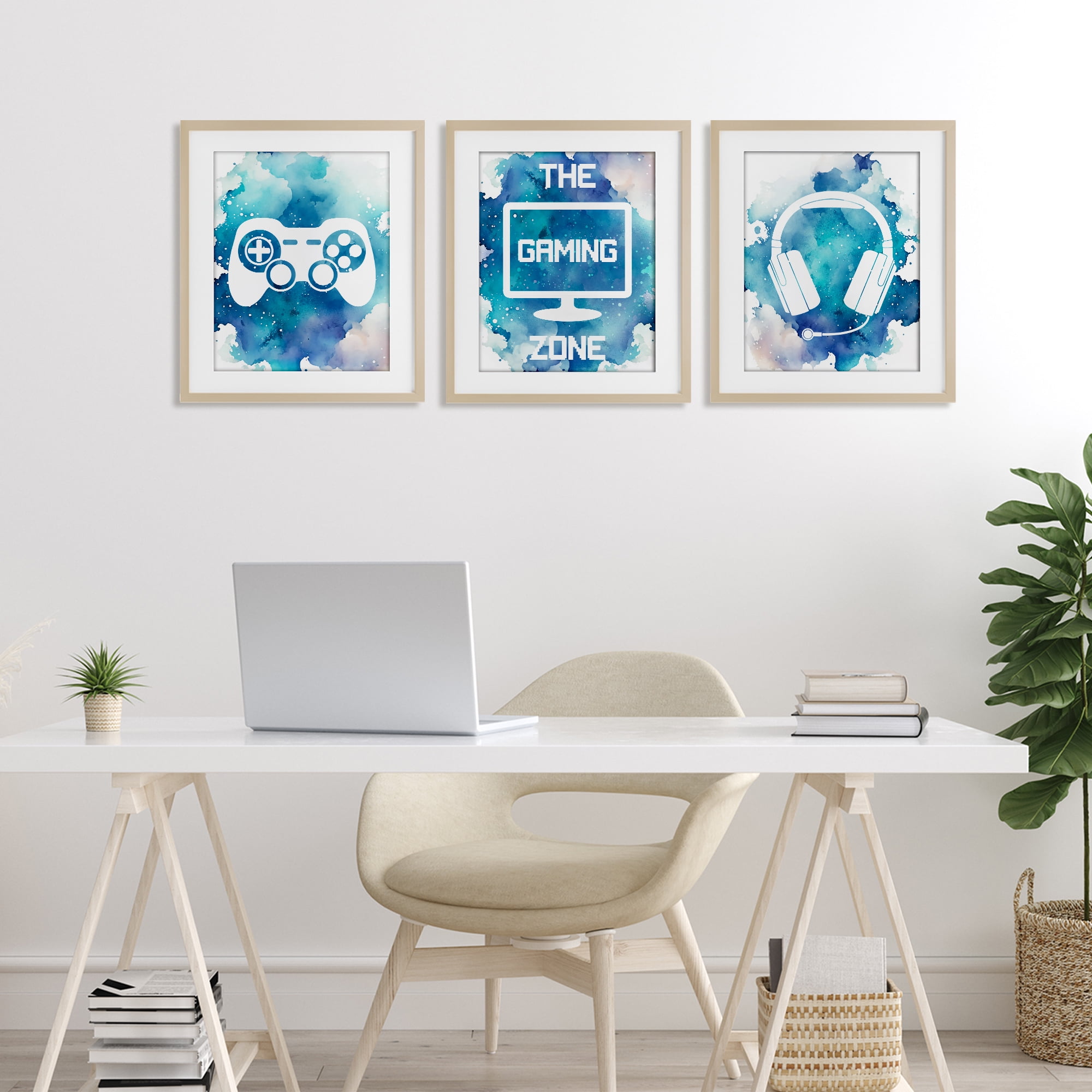 Blue Gamer Splatters 3 Piece Birch Framed Print Under Glass Set, design by Marcus Prime
