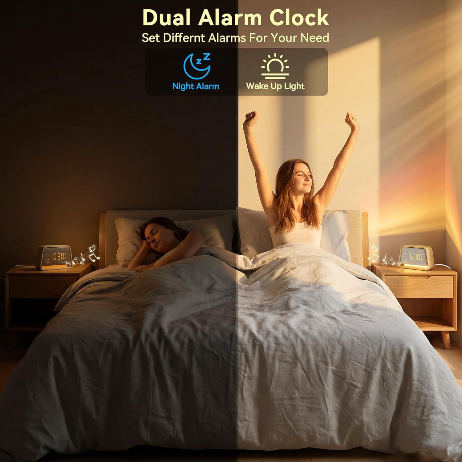 Sunrise Alarm Clock with Wake Up Light, White Noise Sound Machine, 10 Soothing Sounds, Dual Alarms, Dimmable Night Light for Bedroom
