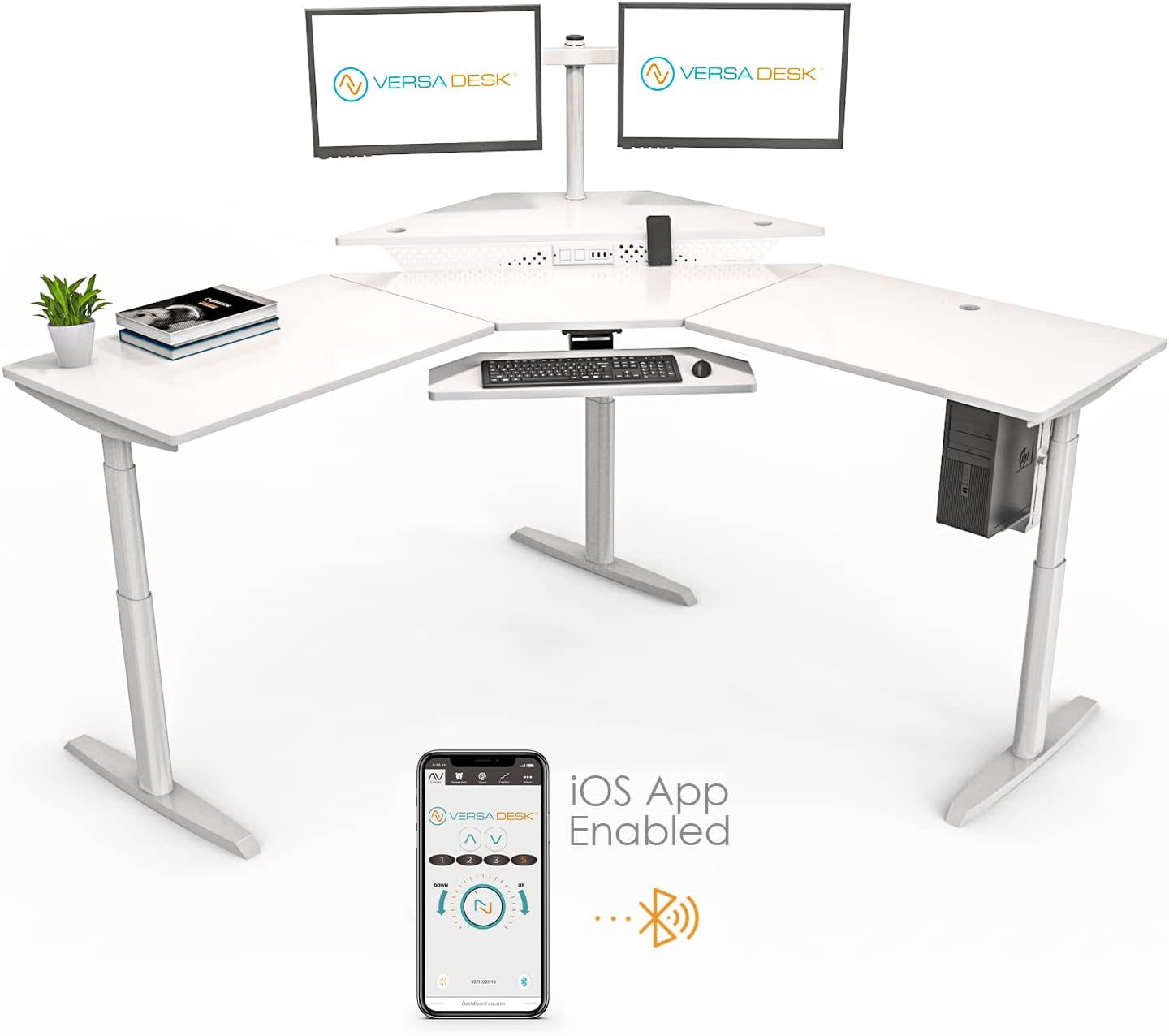 VersaDesk® PowerLift Corner Electric Desk Workstation, Electric Corner Desk Adjustable Height L-Shaped Office Desk with Programmable Controls | Black Surface (60" x 60")