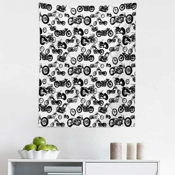 Black White Tapestry, Different Models of Motorbikes Race Adventure Amusement Extreme Sport Theme, Fabric Wall Hanging Decor for Bedroom Living Room Dorm, 5 Sizes, Black White, by Ambesonne