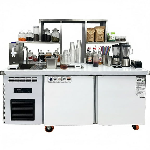 59" Refrigerated Water Bar Workstation with Sink, Shelves & Double Door Cooler, 110V R600A ,Commercial Prep Counter
