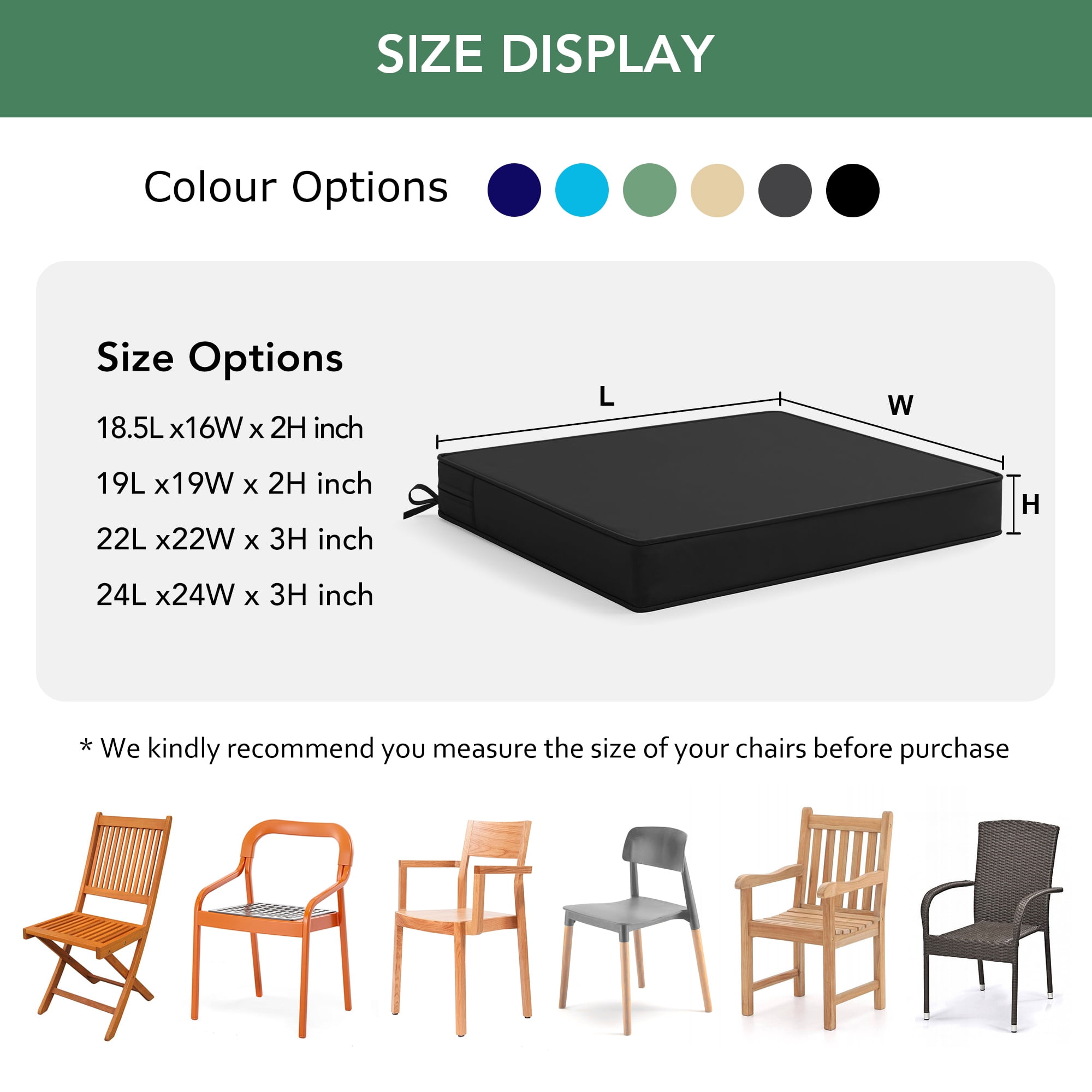 Outdoor Chair Cushions Set of 4, Waterproof & Fade Resistant Seat Cushion for Patio Furniture - 18.5 x 16 x 2 Inch Chair Pads with Ties and Hidden Zipper, Black