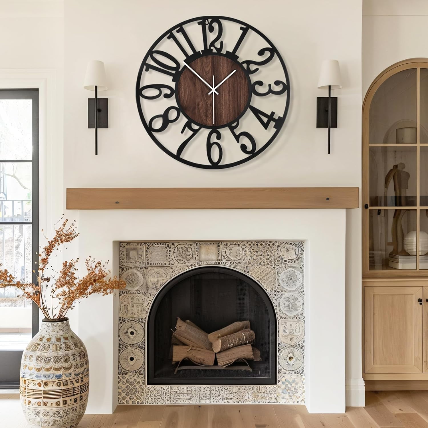 Large Round Wall Clock for Living Room Decor Battery Operated Non Ticking Black Metal Wood Clocks for Home Living Room Garden Farmhouse Office Kitchen Decoration -24 inch