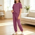 thumbnail image 2 of SERTGUTR Girls' Set Short Sleeve Ribbed Crew Neck Top Jogger Pants Elastic Waist Cuffed Ankle Soft Breathable 2 Piece Casual Homewear, 2 of 6
