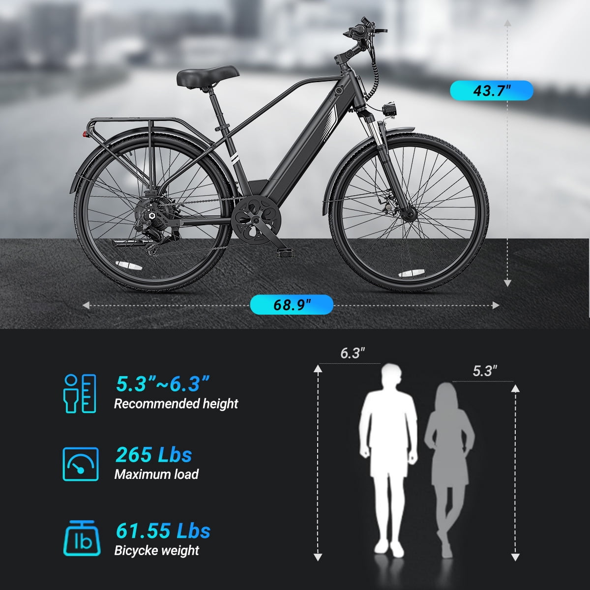 DYU Electric Bike for Adults,26" Ebike,1000W Peak Power Motor,48V 10.4Ah Removable Battery,20MPH,45 Miles Max,7-Speed Electric Bicycle,UL 2849