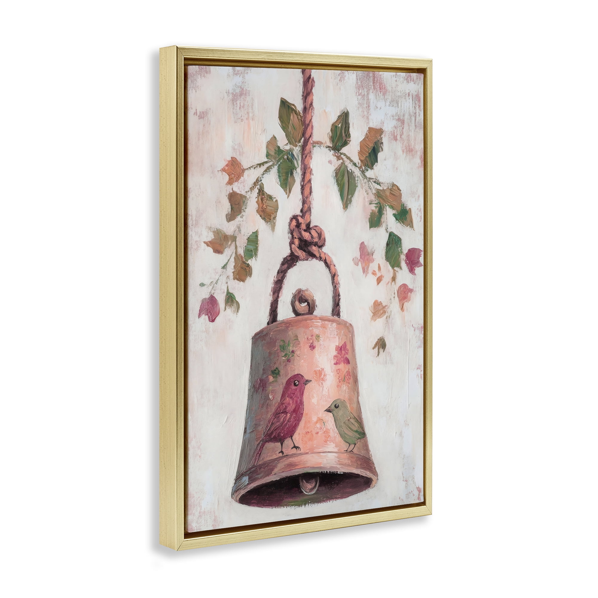 Vintage Christmas Bell Gold Framed Floater Canvas Wall Art, design by Petal Prints Design