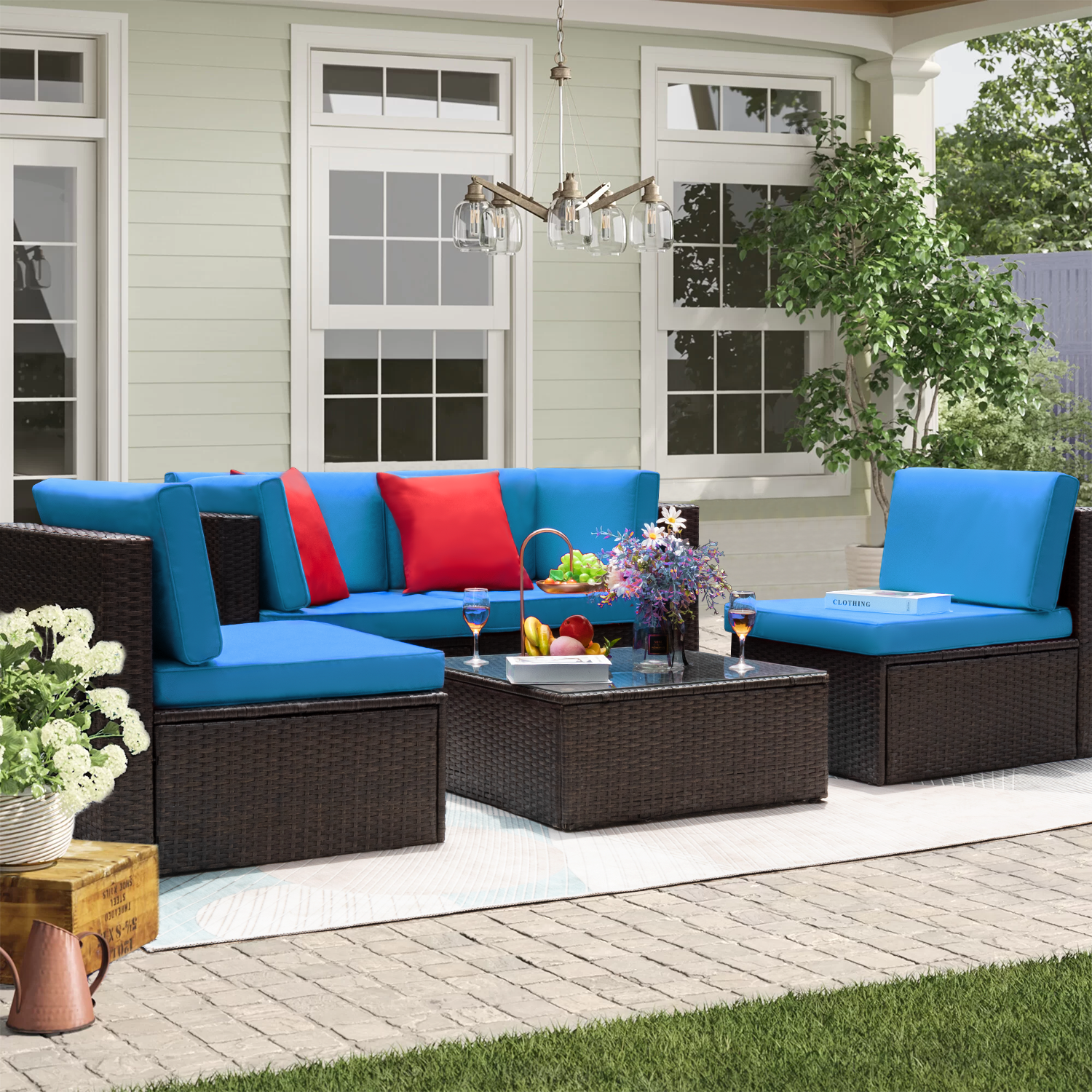 Lacoo 5 Pieces Patio Sectional Sofa Set All-Weather Wicker Rattan Conversation Sets with Glass Table, Blue - image 2 of 7