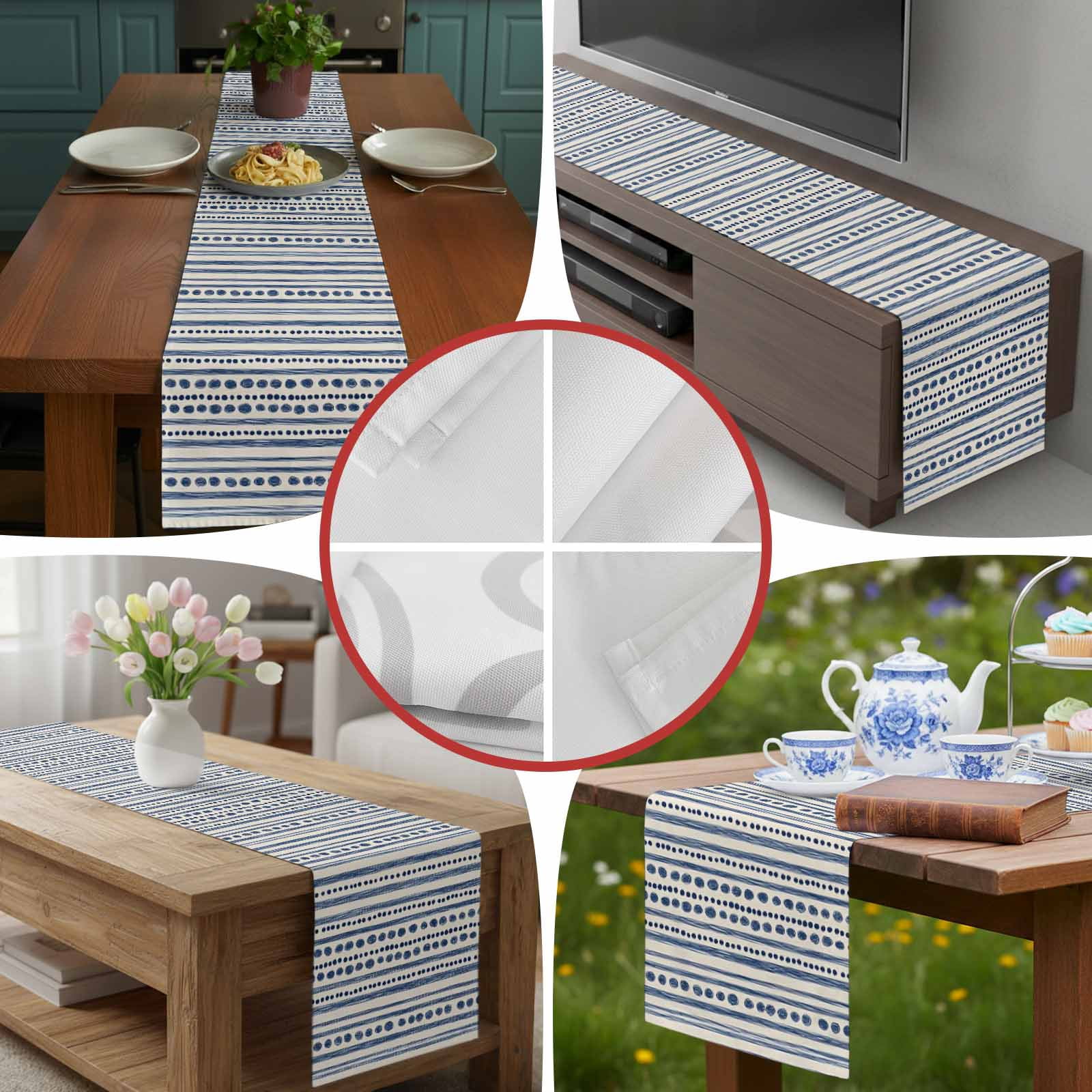 Modern Geometric Blue Stripe Dot Table Runner 90 Inches Long, Abstract Line Graffiti Beige Table Runners Tabletop Scarf Kitchen Dining Tables Decoration for Home Party Indoor Outdoor