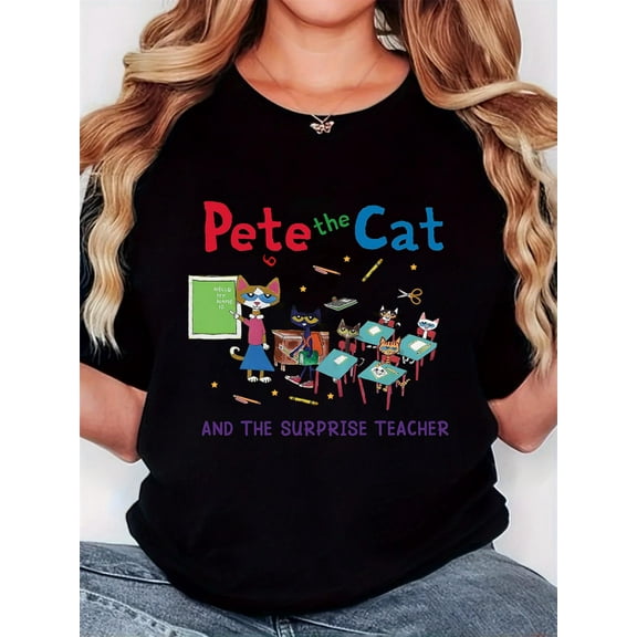Women's "Pete the Cat" Graphic T-Shirt | 100% | Casual Round Neck | Short Sleeve | Vibrant Classroom Cartoon Print | Machine Washable | All-Season Comfort Fit | Retro Minimalist