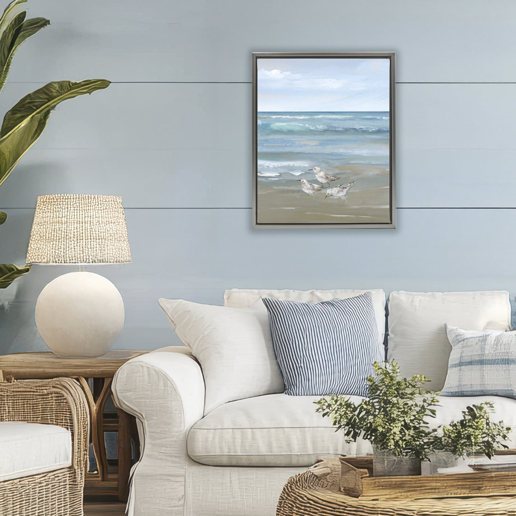 Stupell Industries Sanderlings on Gentle Waves Gray Framed Floater Canvas Wall Art, design by Nan