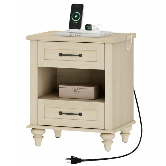 Beige Nightstand with Charging Station, Wooden Side Table with 2 Drawers & Open Shelf for Living Room & Bedroom