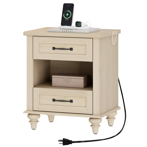 WAMPAT Nightstand with Charging Station, Farmhouse End Table, USB Ports & Power Outlets, 2 Drawers & Open Storage for Living Room, Bedroom, Beige
