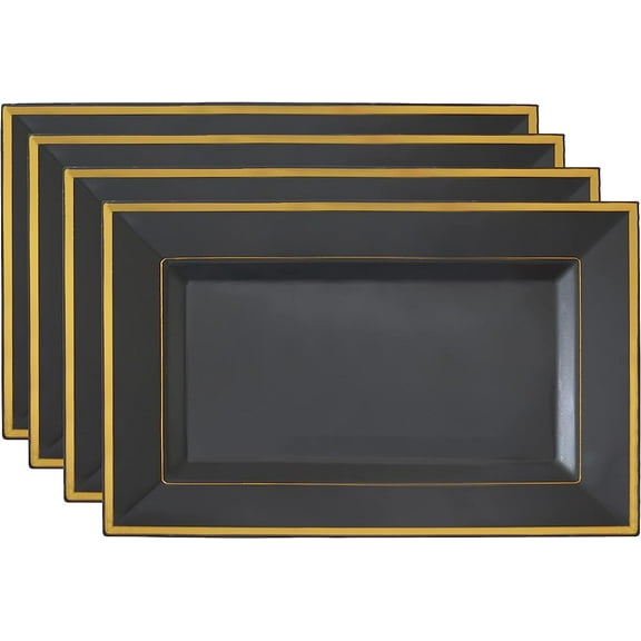 Yumchikel Hard Plastic Serving Tray Set, Black & Gold Rim Disposable Serving Trays & Platters for Food, Large Plastic Trays for Parties, Weddings, Food Trays for Cookies, Dessert, 8" x 13", 4 Pack
