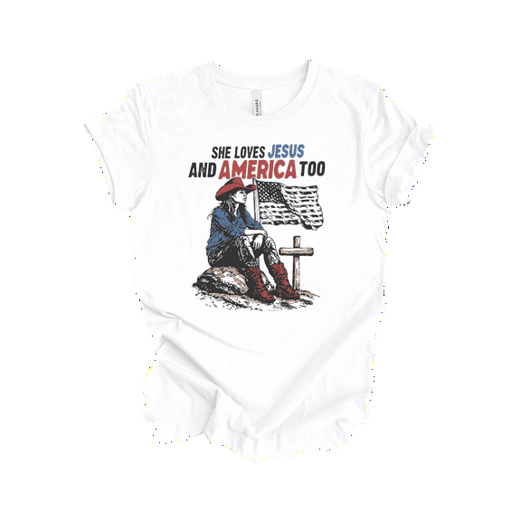 Trenz Shirt Company Women's Christian Patriotic Shirts - She Loves Jesus and America USA Flag Cross Short Sleeve T-Shirt, White-X-Large