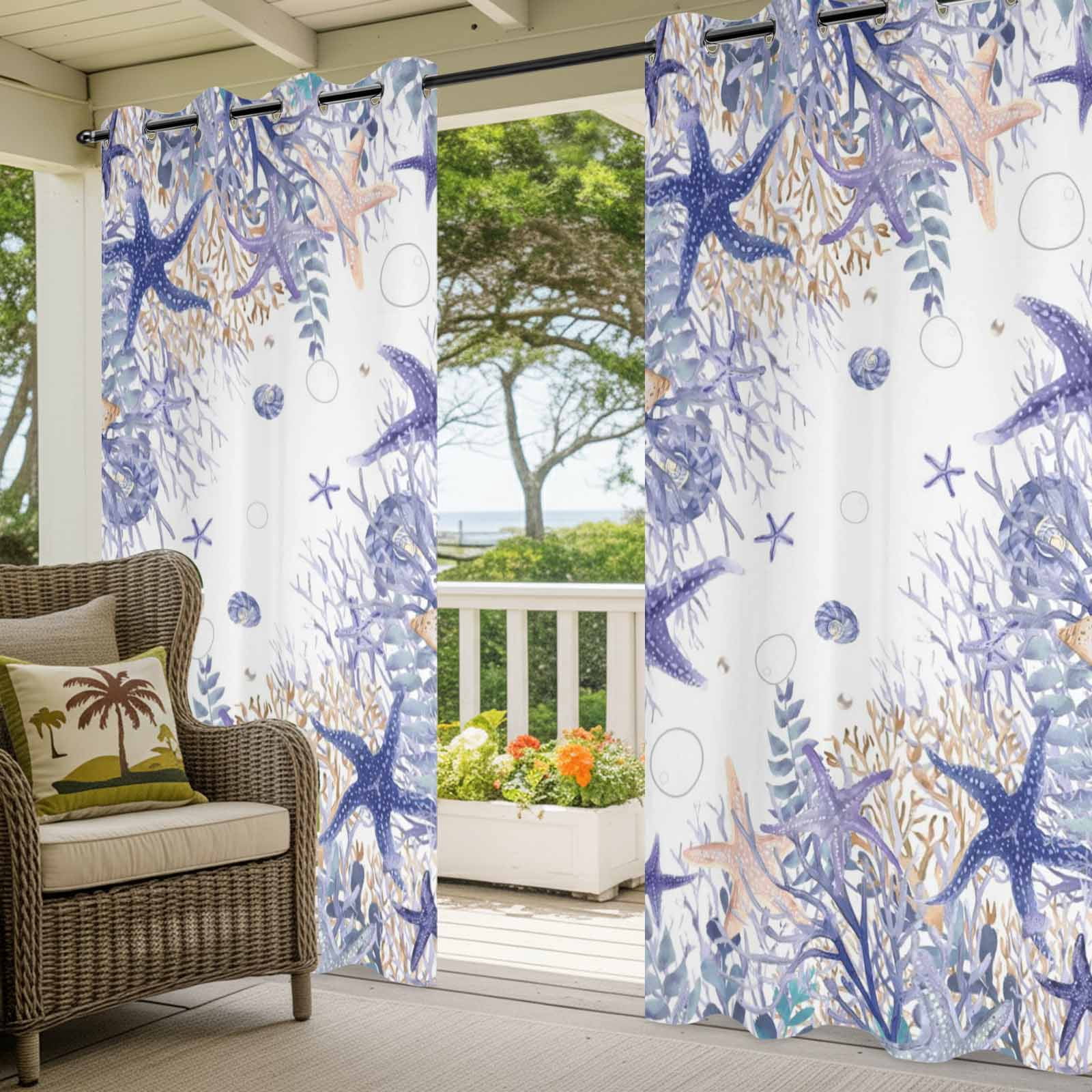 Summer Marine Life Outdoor Curtains for Patio, Watercolor Purple Starfish Ocean Bubble Sunshade Privacy Drapes Grommet Waterproof Outside Curtains for Porch/Cabana/Balcony 54"x 108", 1 Panel