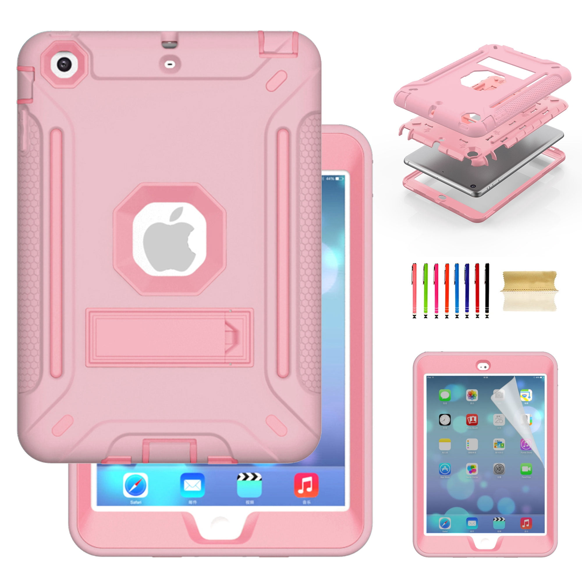 Dteck iPad Mini Case with Screen Protector, iPad Mini 2 Case, iPad Mini 3 Case, iPad mini Retina Case, Three Layer Heavy Duty Shockproof Kickstand Protective Case, Rosegold