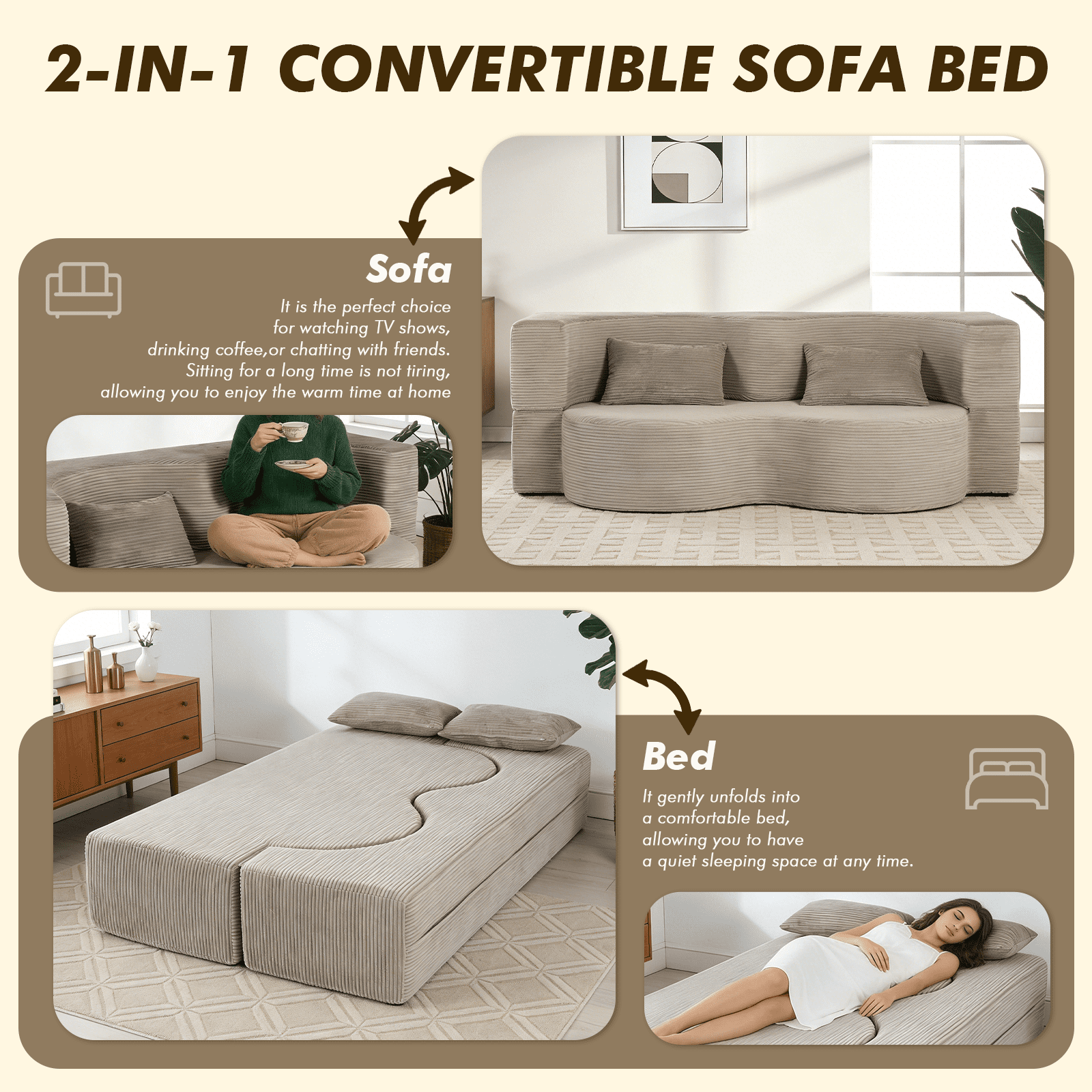 MOONMISS 75'' Folding Boneless Couch, 2-in-1 Sleeper Sofa Bed with Memory Foam, Foldable Sofa with 2 Pillows Living Room, Apartment No Assembly,Grey