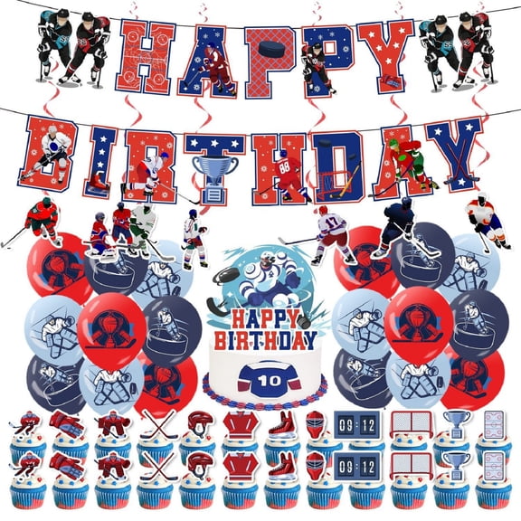 Ice Hockey Party Decoration Set, Themed Birthday Tableware With Banner Pull Flag Cake Toppers, Kids Sports Celebration Supplies, 12-Piece Pack