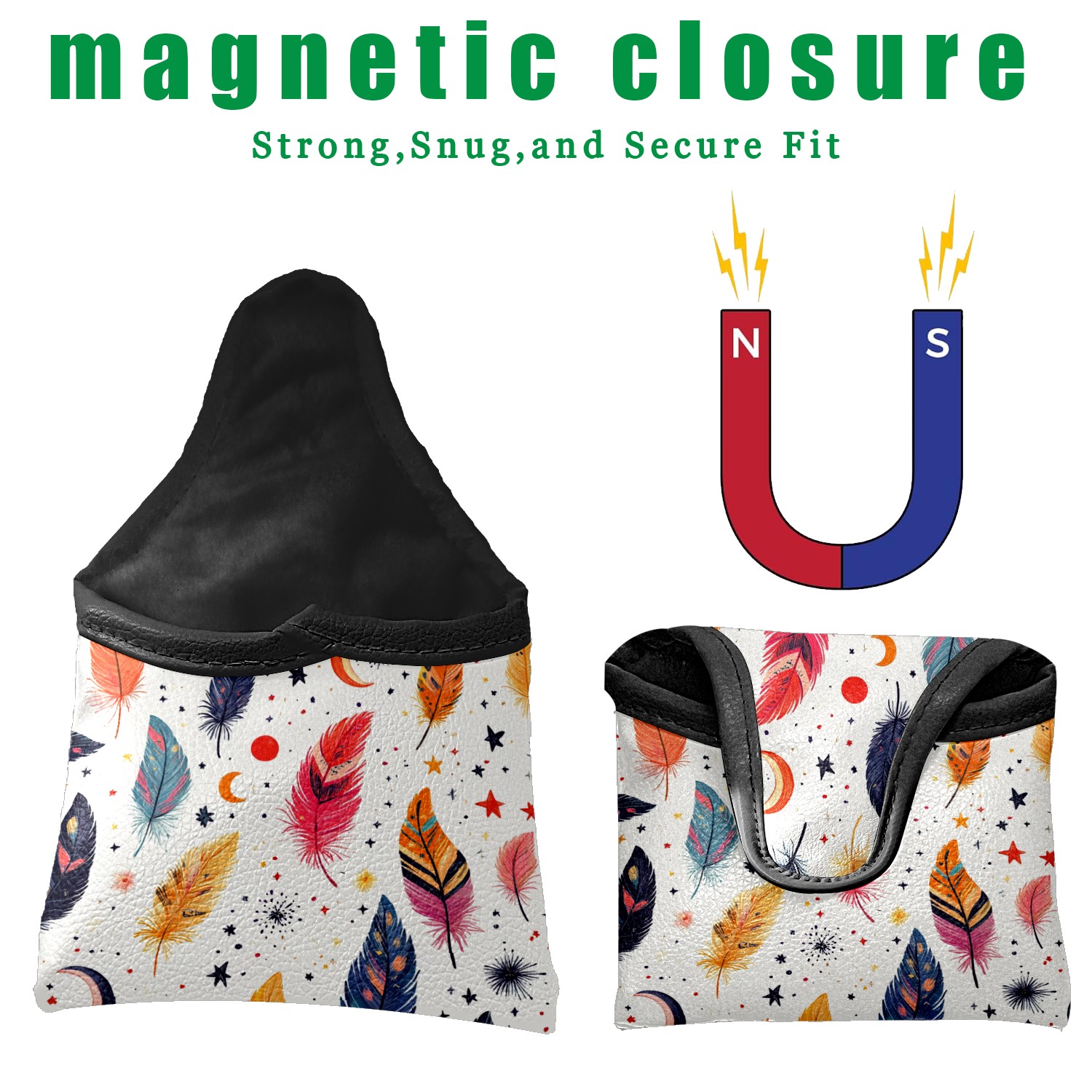 Golf Mallet Putter Cover Premium Leather Waterproof Golf Putter Head Cover with Magnetic Closure Colorful Feathers