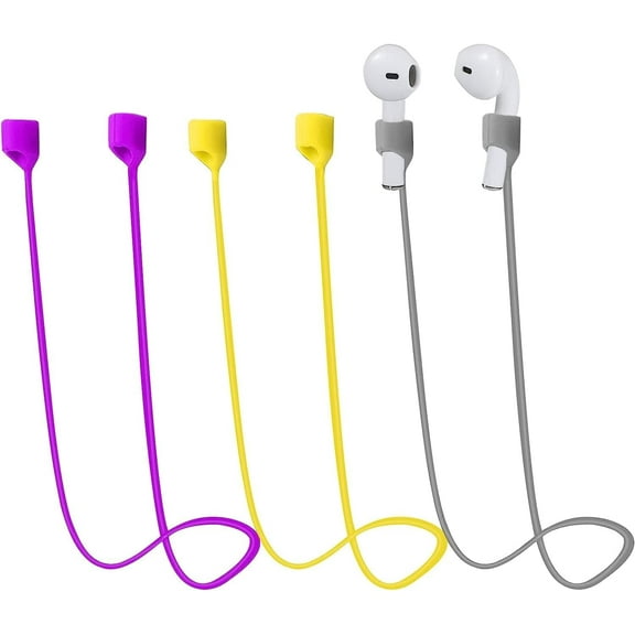 3pcs Magnetic Anti-Lost Straps, Sport Earbud Lanyard Strap Soft Silicone Anti-Lost Straps Compatible with AirPods Pro/Pro 2/3/2/1 (Gray, Yellow, Purple)