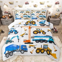 Homewish Excavator Crane Pattern Bedding Comforter Set,Construction Vehicles Twin Comforter Sets,Blue Yellow White Bedding Set For Boys Kids,Luxury Bedroom Decor,2-Piece
