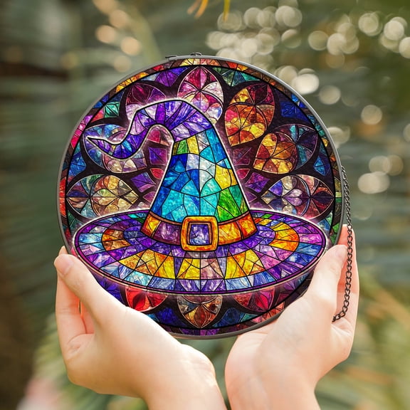 Lotusprinthandmade Cute Witch Hat Halloween Stained Glass Suncatcher for Window Hanging Cir4in