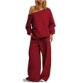thumbnail image 2 of Frostluinai Oversized Sweatsuits for Women Dew Shoulder Sweatshirts Elastic Waist Wide Leg Pants Solid Casual Sets Two Piece with Pocket, 2 of 6