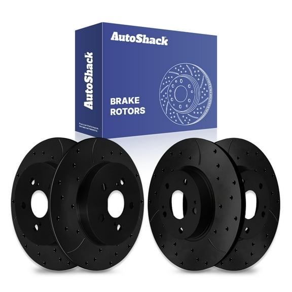 AutoShack Front Vented & Rear Solid Drilled & Slotted E-Coated Brake Rotors Black Finish 4-PC Set Replacement for 2009-2019 Toyota Corolla 2009-2014 Toyota Matrix 2009-2010 Pontiac Vibe NightGuard
