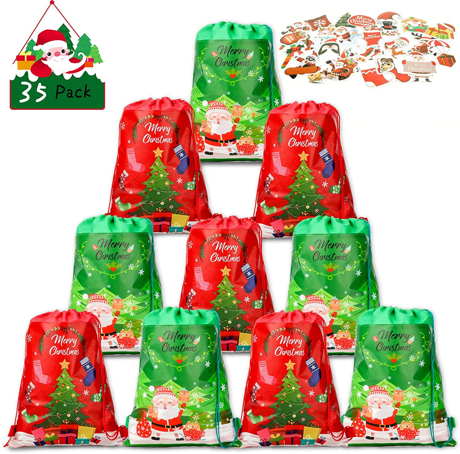 35pcs Konsait Christmas Drawstring Bags Xmas Sack Backpack Santa Snowflake Graffiti Decal Stickers Gifts Tags for Candy Wrapper Gift Treat Goody Christmas Birthday Party Favor Supplies Decoration 