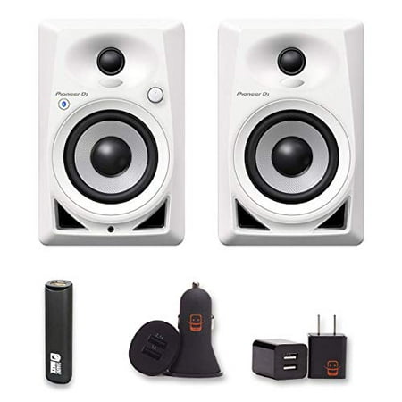 Pioneer DJ DM-40BT-W Bluetooth Desktop Monitors, White with 2 Year Warranty + PowerBank, USB Car Charger, USB