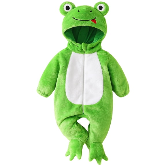 BMYJ Frog Shaped Hooded Fleece Jumpsuit, Adorable Animal Themed Outfit for Baby Toddler Boys Girls, Warm Plush Jumpsuit for Holiday Dress Up Daily Wear (Green, 3-6 Months)