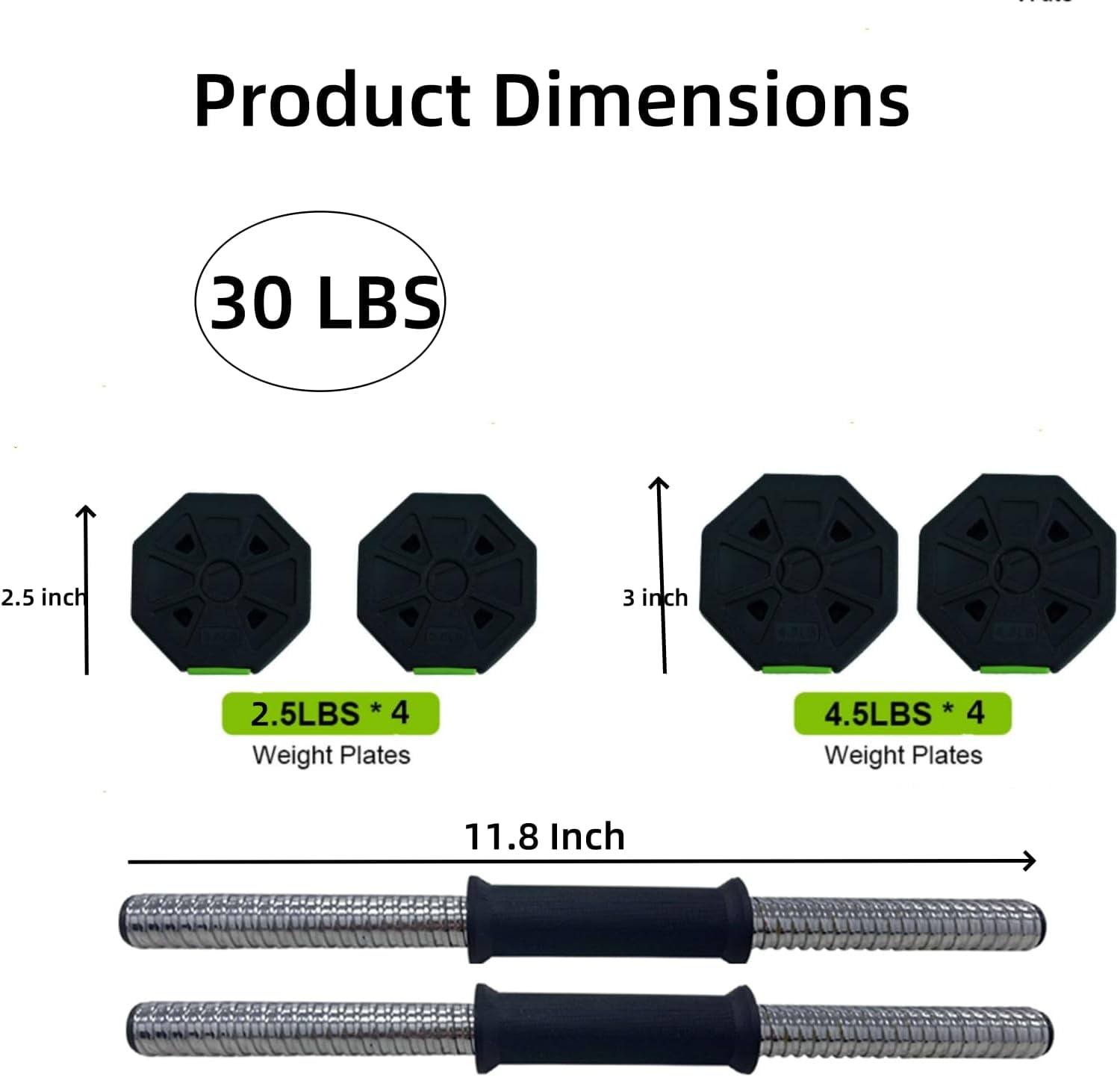 Litake Adjustable Dumbbell Set with Iron Handle, 30lbs Weight Set, Green and Black, Octagon Head
