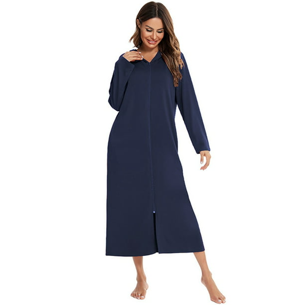Women Zipper Robe Long Sleeves Hooded Loungewear Full Length Sleepwear ...