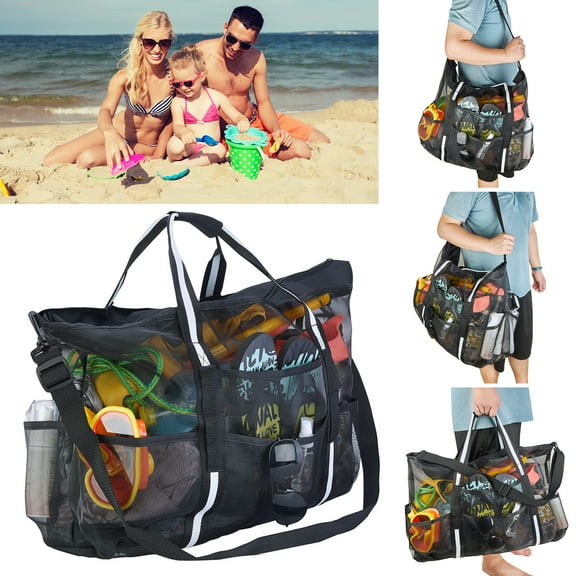 Anvazise Beach Bag Extra Large Capacity Mesh Tote Bag with Shoulder Strap Outdoor Traveling Portable Zipper Mesh Handbag for Gym Black 1 Set